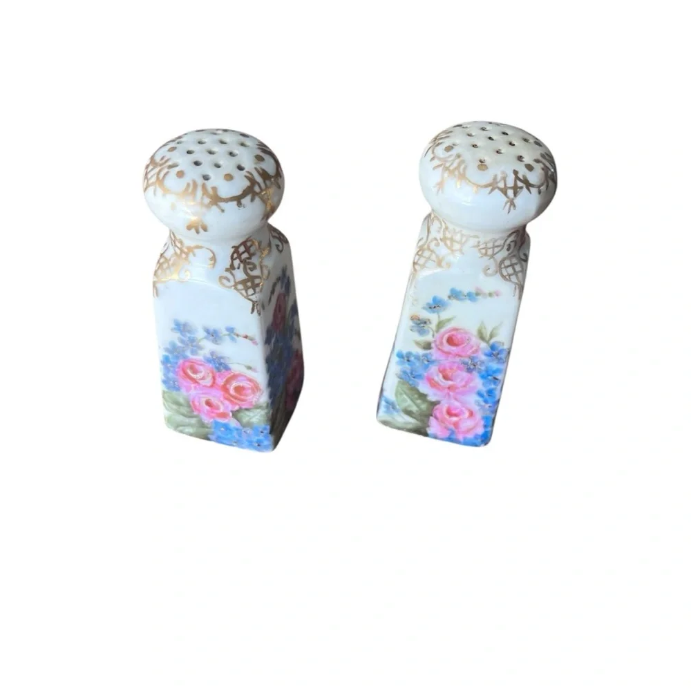 Antique Hand Painted Floral Gold Salt And Pepper Shakers